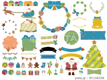クリスマスのかわいいフレームとイラストとリボンのセット・ブルーリボン・文字無し 95136506