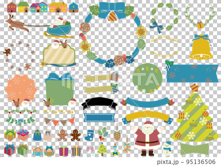 Set of cute Christmas frames, illustrations and ribbons, blue ribbon, no text Set of cute Christmas frames, illustrations and ribbons, blue ribbon, no text 95136506