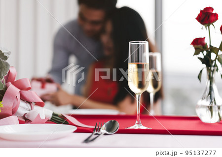Valentine festive love theme set restaurant table for love couple dinner with champagne drink. Valentine festive love theme set restaurant table for love couple dinner with champagne drink. 95137277