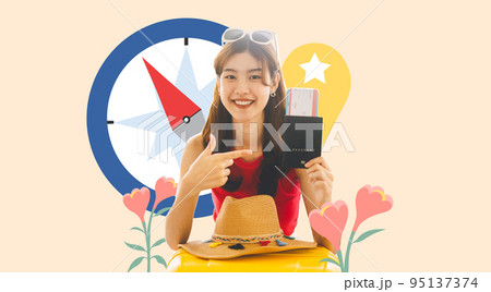 Portrait of young adult asian woman with travel luggage and passport airplane ticket in collage art Portrait of young adult asian woman with travel luggage and passport airplane ticket in collage art 95137374