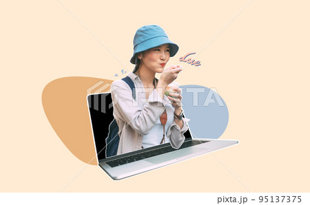 Young adult asian traveller woman foodie eating street food in collage contemporary art style Young adult asian traveller woman foodie eating street food in collage contemporary art style 95137375