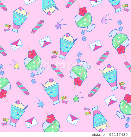 Girly anime design retro japanese city pop background pattern Ice cream soda and candy illustration 95137489
