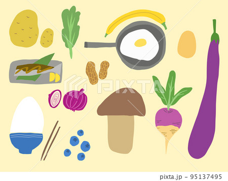 Illustration of ingredients of food with vegetables and japanese meal Illustration of ingredients of food with vegetables and japanese meal 95137495