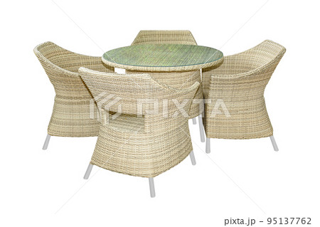 Rattan table set with glass on top isolated on white background 95137762