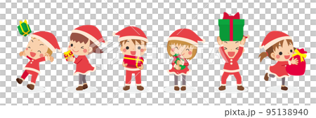 Illustration set of cute little children in Santa costumes having fun with presents White background Illustration set of cute little children in Santa costumes having fun with presents White background 95138940