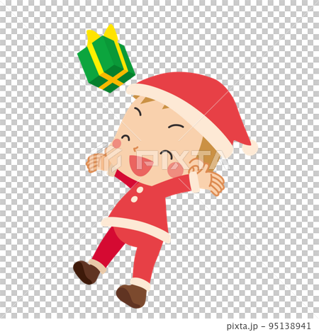 Illustration of a cute little boy in a Santa Claus costume happy tossing presents with both hands White background Illustration of a cute little boy in a Santa Claus costume happy tossing presents with both hands White background 95138941