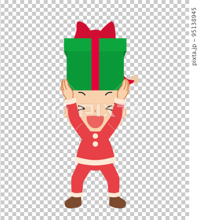 Illustration of a cute little boy in a Santa Claus costume who is overjoyed when he lifts up a present White background Illustration of a cute little boy in a Santa Claus costume who is overjoyed when he lifts up a present White background 95138945
