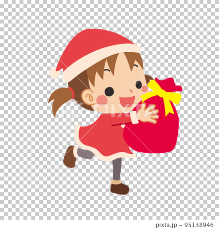 Illustration of a cute little girl wearing a Santa Claus costume running with a present White background Illustration of a cute little girl wearing a Santa Claus costume running with a present White background 95138946