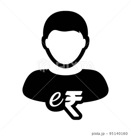 Male Person e-RUPI Indian e-rupee digital currency user symbol for transactions in a glyph pictogram illustration 95140160