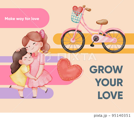 Facebook post template with girl child hug with love concpet,watercolor style 95140351