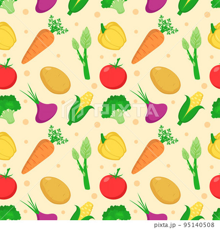 Vegetarian, Fruit and Vegetables Seamless Pattern Design with Fresh, Organic and Natural Food in Hand Drawn Flat Cartoon Background Illustration 95140508