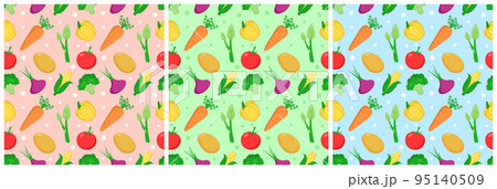Set of Vegetarian, Fruit or Vegetables Seamless Pattern Design with Fresh, Organic and Natural Food in Hand Drawn Flat Cartoon Background Illustration 95140509