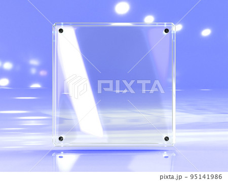 Glass plate, clear square frame with light reflection on blue background. Blank acrylic poster or plexiglass banner with metal mount. Transparent photo frame template, holder mockup 95141986