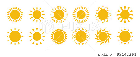 Yellow flat sun with rays icons in various design. Sun silhouette icons. Graphic weather signs. Symbol of heat, warm and climate. Vector illustrations set isolated on white background 95142291