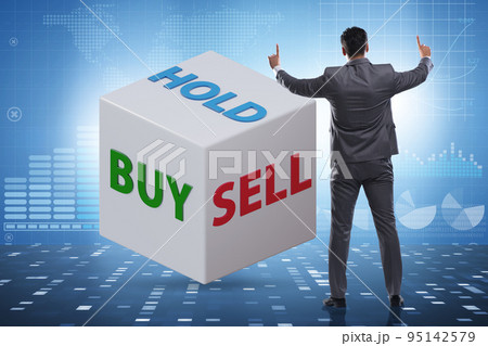 Trader with three options of buy sell and hold 95142579