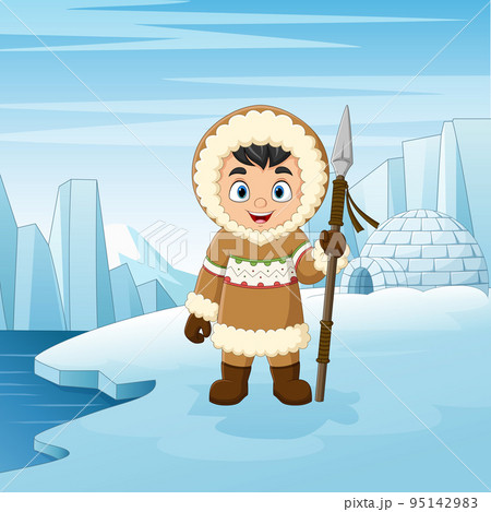 Cartoon little eskimo kid of north pole background Cartoon little eskimo kid of north pole background 95142983