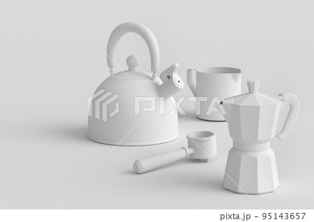Espresso coffee machine with horn, kettle and geyser coffee maker on monochrome 95143657