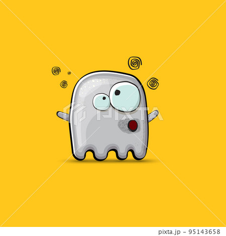 Funny cute smiling grey ghost monster isolated on orange background. Ghost cartoon character and cute emoji. Halloween spirit element. 95143658