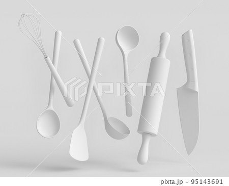 Wooden kitchen utensils, tools and equipment on monochrome background. Wooden kitchen utensils, tools and equipment on monochrome background. 95143691