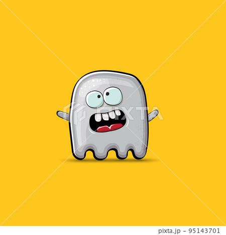 Funny cute smiling grey ghost monster isolated on orange background. Ghost cartoon character and cute emoji. Halloween spirit element. Funny cute smiling grey ghost monster isolated on orange background. Ghost cartoon character and cute emoji. Halloween spirit element. 95143701