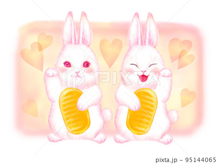 卯年年賀状素材_招きウサギ_無地小判持ち_背景色あり 卯年年賀状素材_招きウサギ_無地小判持ち_背景色あり 95144065