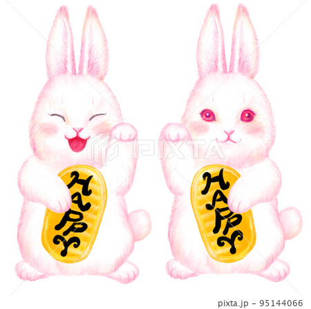 卯年年賀状素材_招きウサギ二匹_Happy小判 95144066