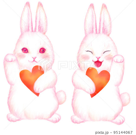 卯年年賀状素材_招きウサギ二匹_ハート持ち 95144067