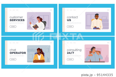 Call Center Landing Page Template Set. Hotline Operators Help Clients to Solve Problems. Male or Female Receptionists 95144335