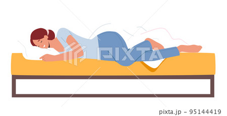 Girl Sleep on Side with Bent Legs. Female Character Sleeping Pose, Woman Wear Pajama Sleep Lying in Comfortable Bed Girl Sleep on Side with Bent Legs. Female Character Sleeping Pose, Woman Wear Pajama Sleep Lying in Comfortable Bed 95144419