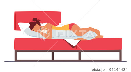 Young Woman Wear Pajama Sleep or Nap on Belly, Female Character Sleeping Pose in Bed Side View. Night Dream, Relaxation Young Woman Wear Pajama Sleep or Nap on Belly, Female Character Sleeping Pose in Bed Side View. Night Dream, Relaxation 95144424