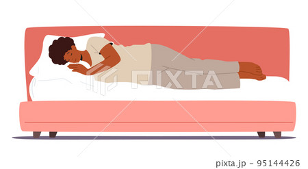 Night Rest and Bedding Time Concept. Black Woman in Pajama Sleep on Bed with Pillow Side View. Relaxed Girl Sleeping Night Rest and Bedding Time Concept. Black Woman in Pajama Sleep on Bed with Pillow Side View. Relaxed Girl Sleeping 95144426