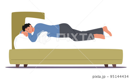 Dreamy Male Character Sleeping In Relaxed Pose Lying On Bed And Hugging Pillow Side View. Bedding Time, Sleep Or Nap 95144434