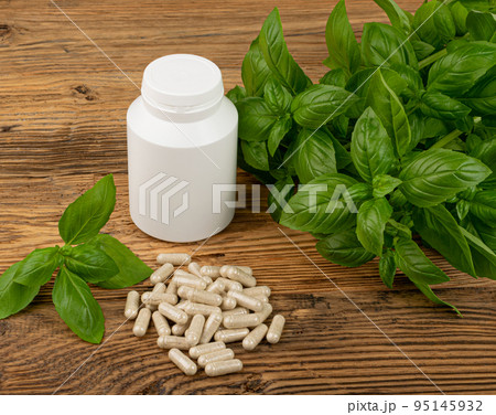 Holy Basil Capsules, Basilic Pills and Fresh Leaves, Natural Medical Diet Supplement 95145932