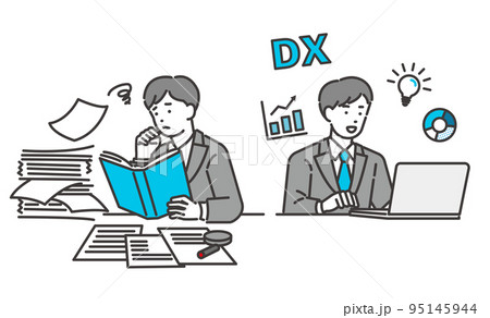 DX化で業務の効率化が進んだビジネスマンのベクターイラスト素材／ビジネスパーソン／IT／スーツ／DX 95145944