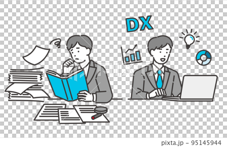 Vector illustration material of a businessman whose work has become more efficient with DX / business person / IT / suit / DX 95145944