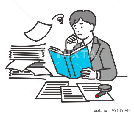 紙の書類に悩むビジネスマンのベクターイラスト素材／ビジネスパーソン／IT／スーツ／DX／コンサルティ 95145946