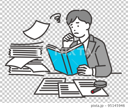 紙の書類に悩むビジネスマンのベクターイラスト素材／ビジネスパーソン／IT／スーツ／DX／コンサルティ 95145946