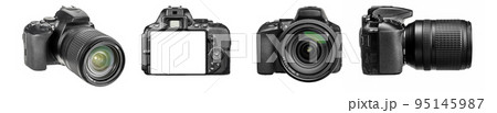Collection of DSLR photo cameras with zoom lens in various angles isolated on a white background. Collection of DSLR photo cameras with zoom lens in various angles isolated on a white background. 95145987