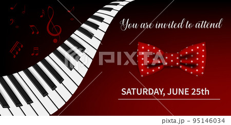 Elegant invitation to a concert with keyboard instruments. Illustration in dark red color with notes and text. 95146034