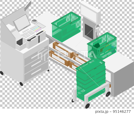 Isometric supermarket cash register and basket 95146277