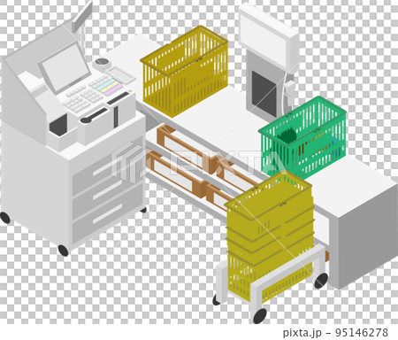 Isometric supermarket cash register and checkout basket 95146278
