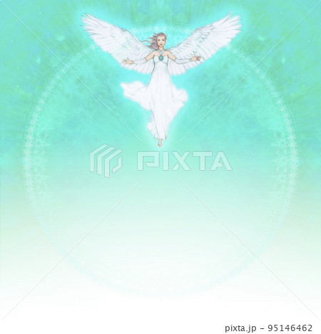 七芒星の星々のリングを背景にしたエメラルドグリーンに輝く天使のイラスト素材 95146462