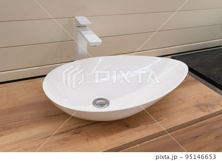 New White Sink with Faucet, Contemporary Wash Basin, Washbasin, Wash Bowl, Bathroom Interior 95146653