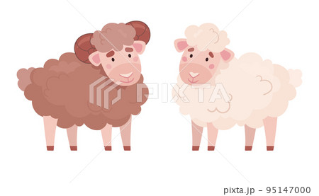 Fluffy ram and sheep, animal vector illustration in cartoon style. Set of cute farm  animals 95147000