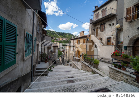 Walk in old streets of Scanno town in Italy 95148366