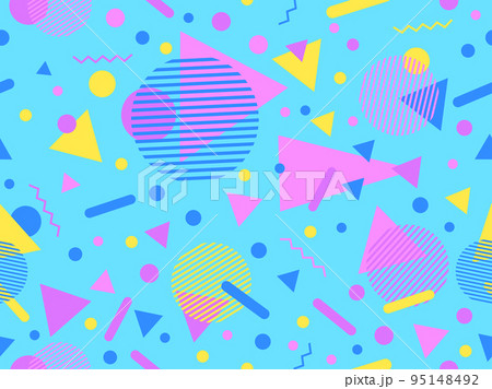 Seamless pattern with geometric shapes in 80s memphis style. Colorful geometric pattern. Design of promotional products, wrapping paper and printing. Vector illustration 95148492
