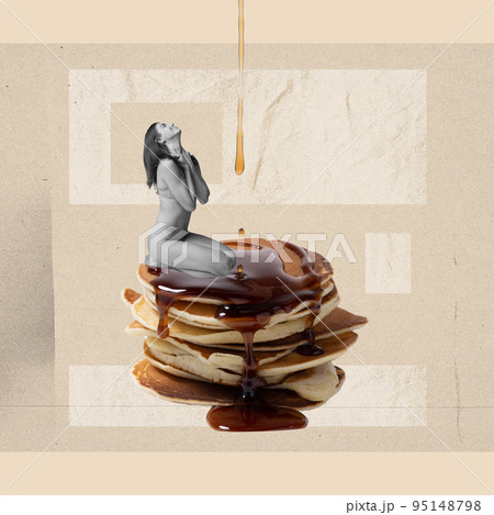 Creative design. Contemporary art collage. Beautiful young girl sitting on delicious sweet pancakes. Dieting, body care, enjoyment of life concept 95148798