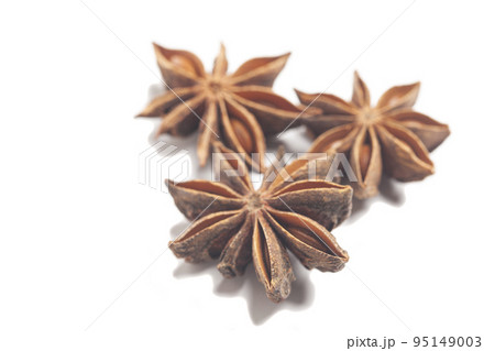 Star anises isolated on white background. Dried star anise spice fruits Star anises isolated on white background. Dried star anise spice fruits 95149003