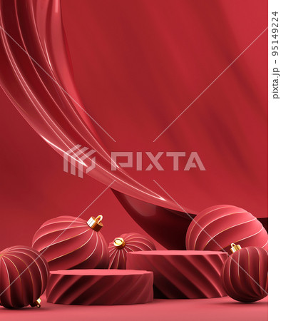 3D abstract Christmas red background with red Christmas ornaments 95149224