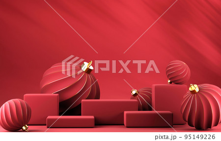 3D abstract Christmas red background with red Christmas ornaments 95149226